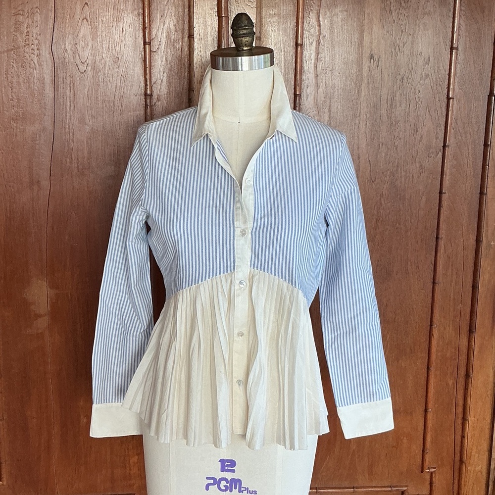Twist on a Classic Blue and White Striped Button-Up Shirt with Silk Details